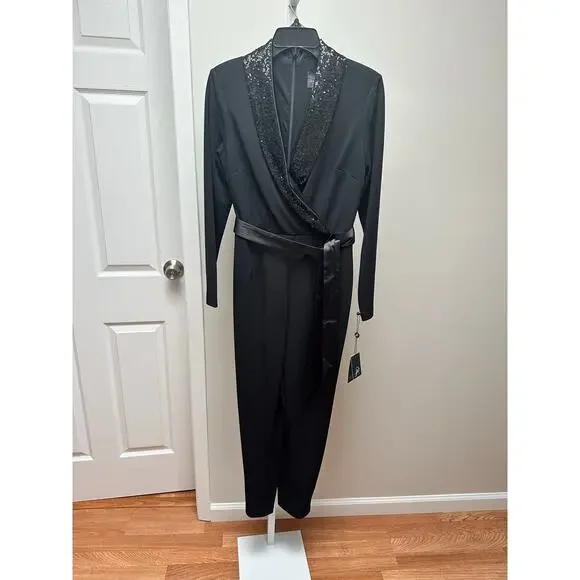 NEW NWT Adrianna Papell Womens Stretch Crepe Tuxedo Jumpsuit Sequin Lapel size 4 - Picture 4 of 8